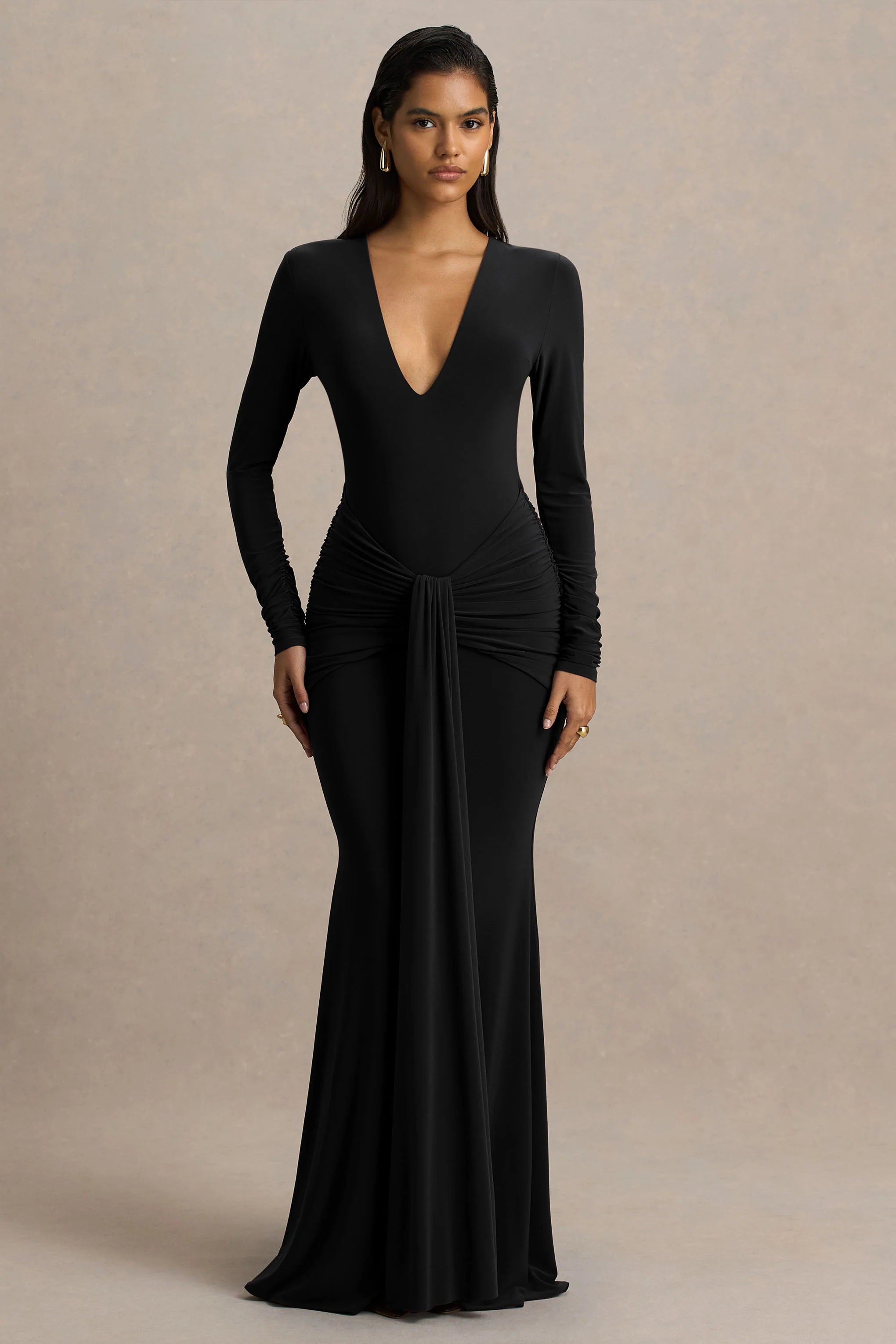Saffie Black Extreme Plunge Wrap Maxi Dress With Long Sleeves And Ruched Detailing
