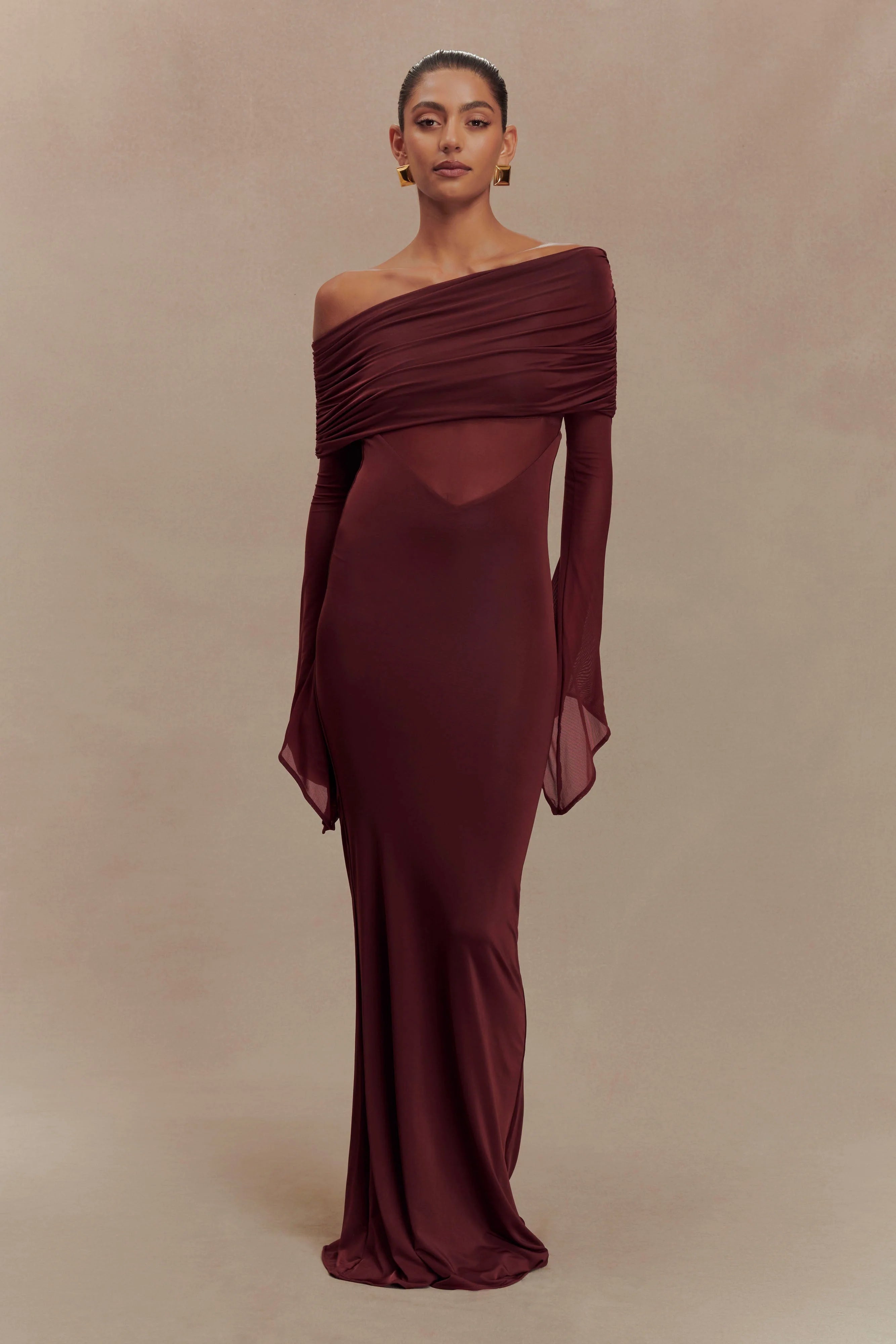 Kaitlin One Shoulder Slinky And Mesh Maxi Dress Burgundy