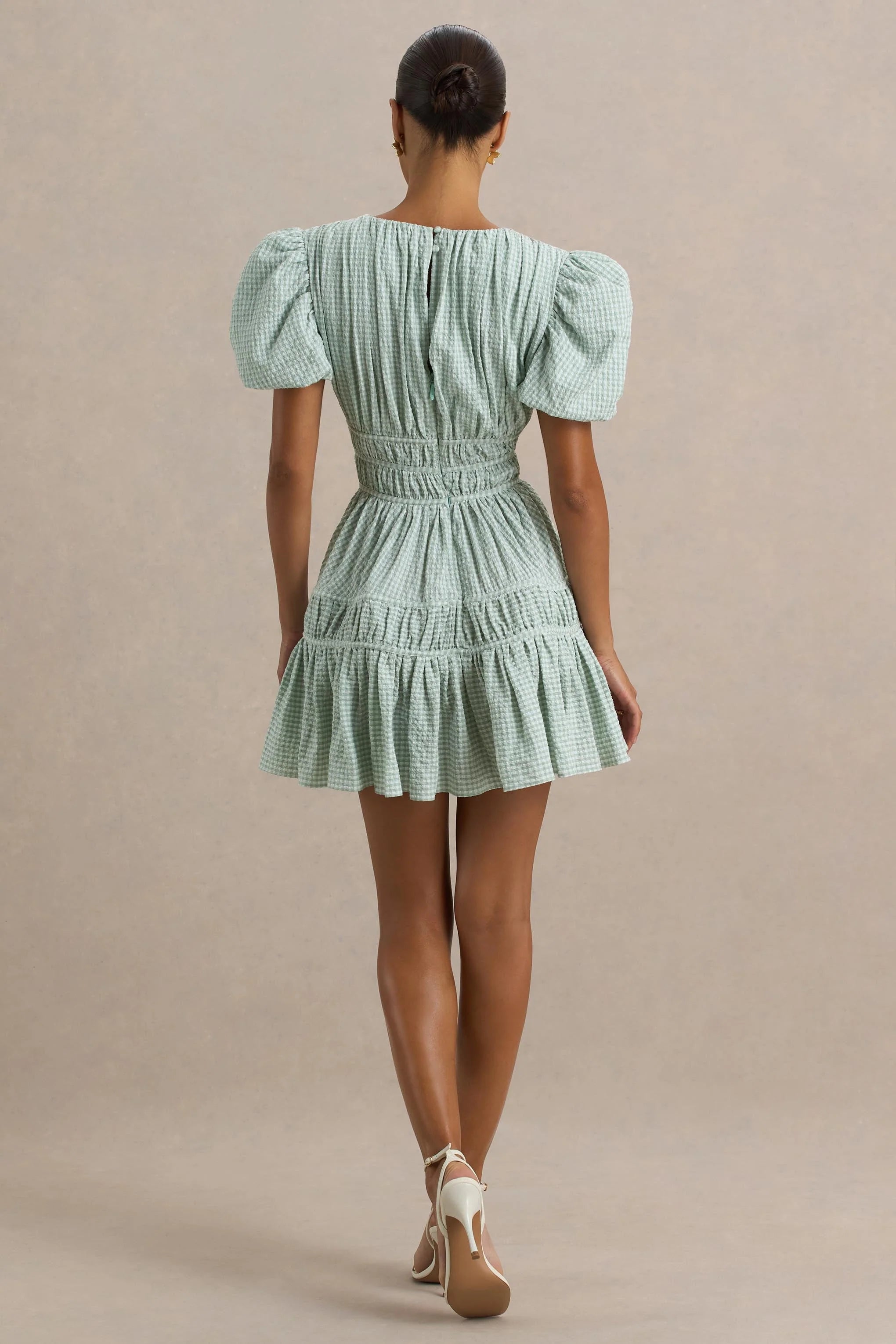 Laurelle Green Extreme Plunge Neck Mini Dress With Ruffling Detail