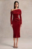 Eirene Red Velvet Asymmetric Neck Midi Dress