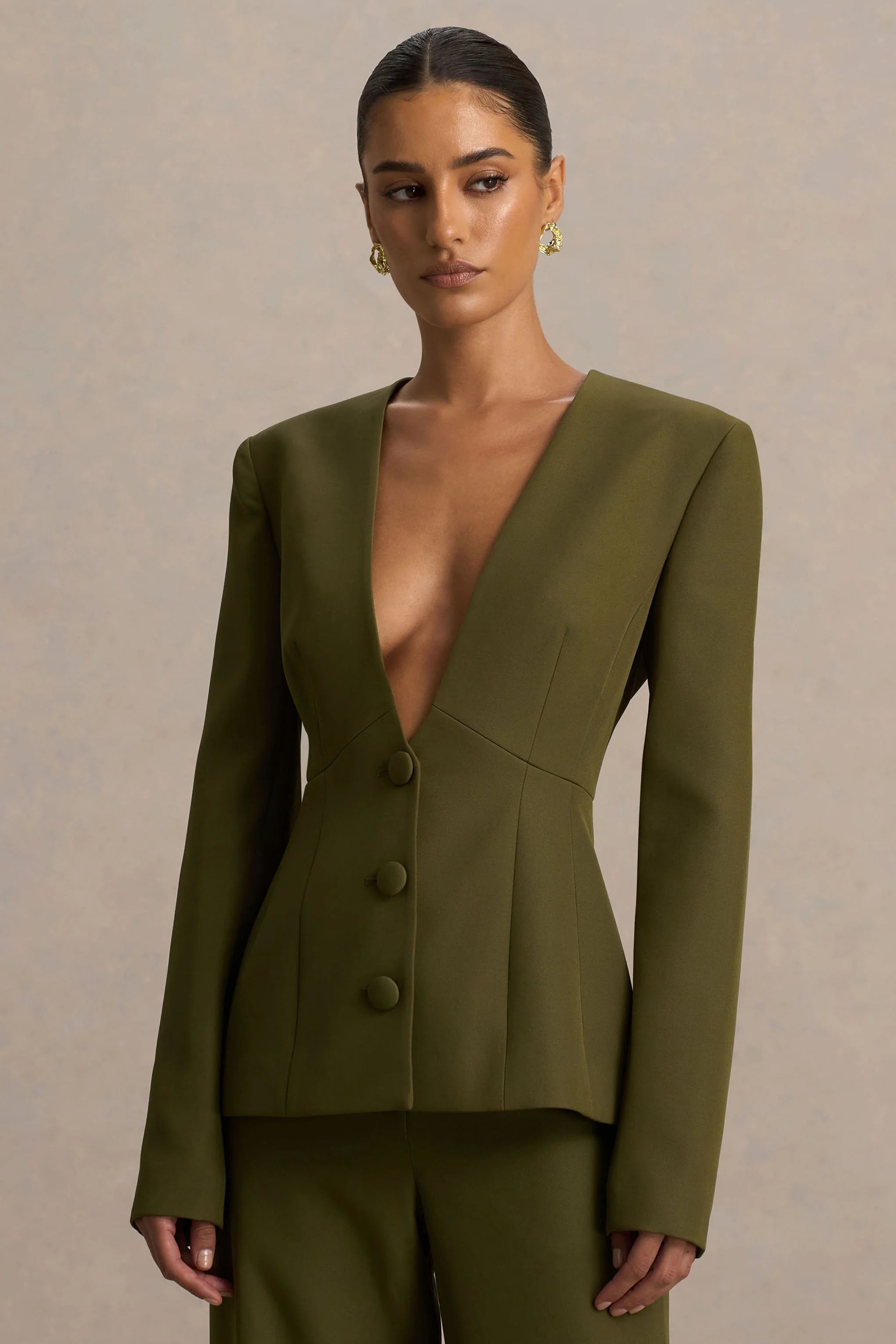 Rosalina Olive Extreme Plunge Neck Tailored Blazer