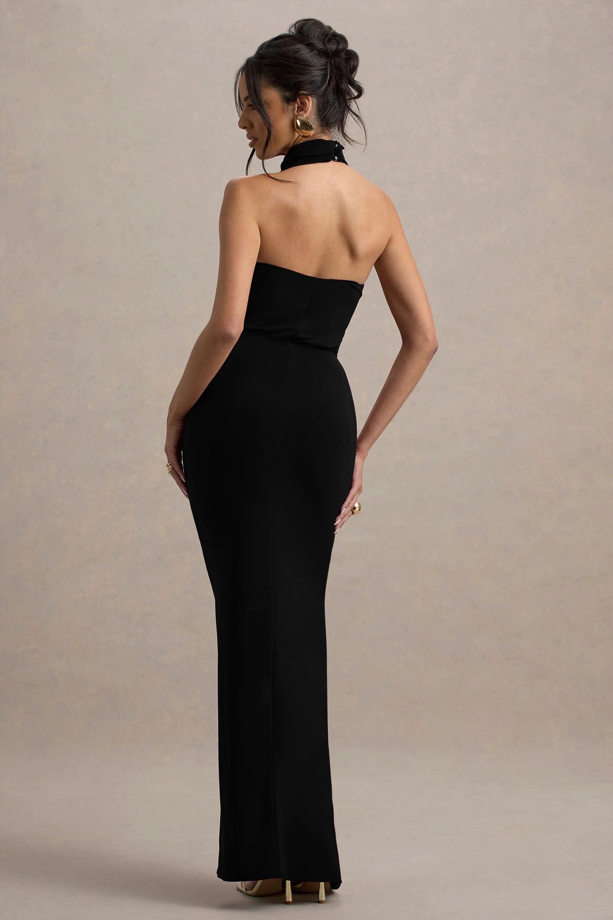 Hayden Black High Neck Draped Split Maxi Dress
