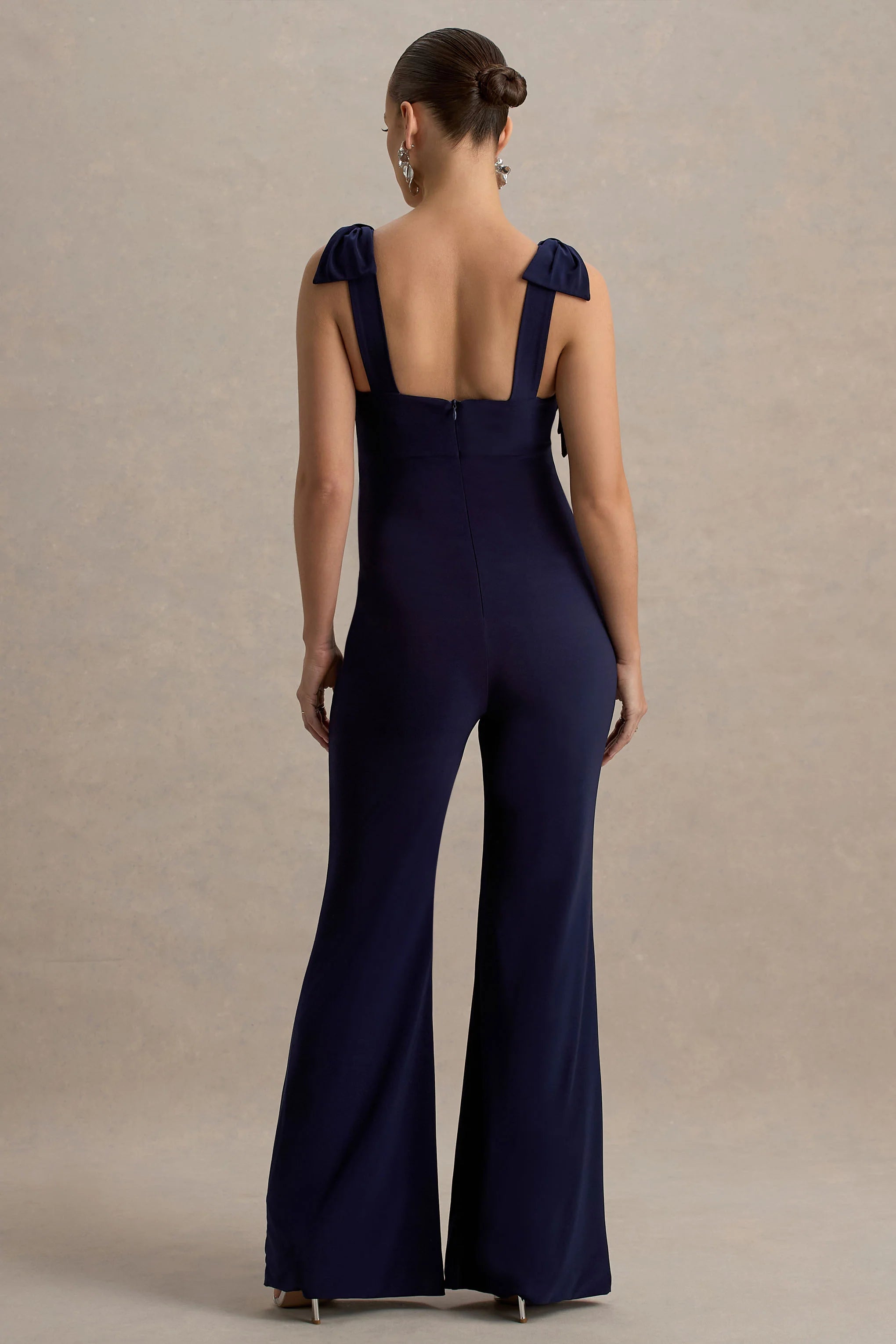 Impeccable Navy Sweetheart Bow Strap Maternity Jumpsuit