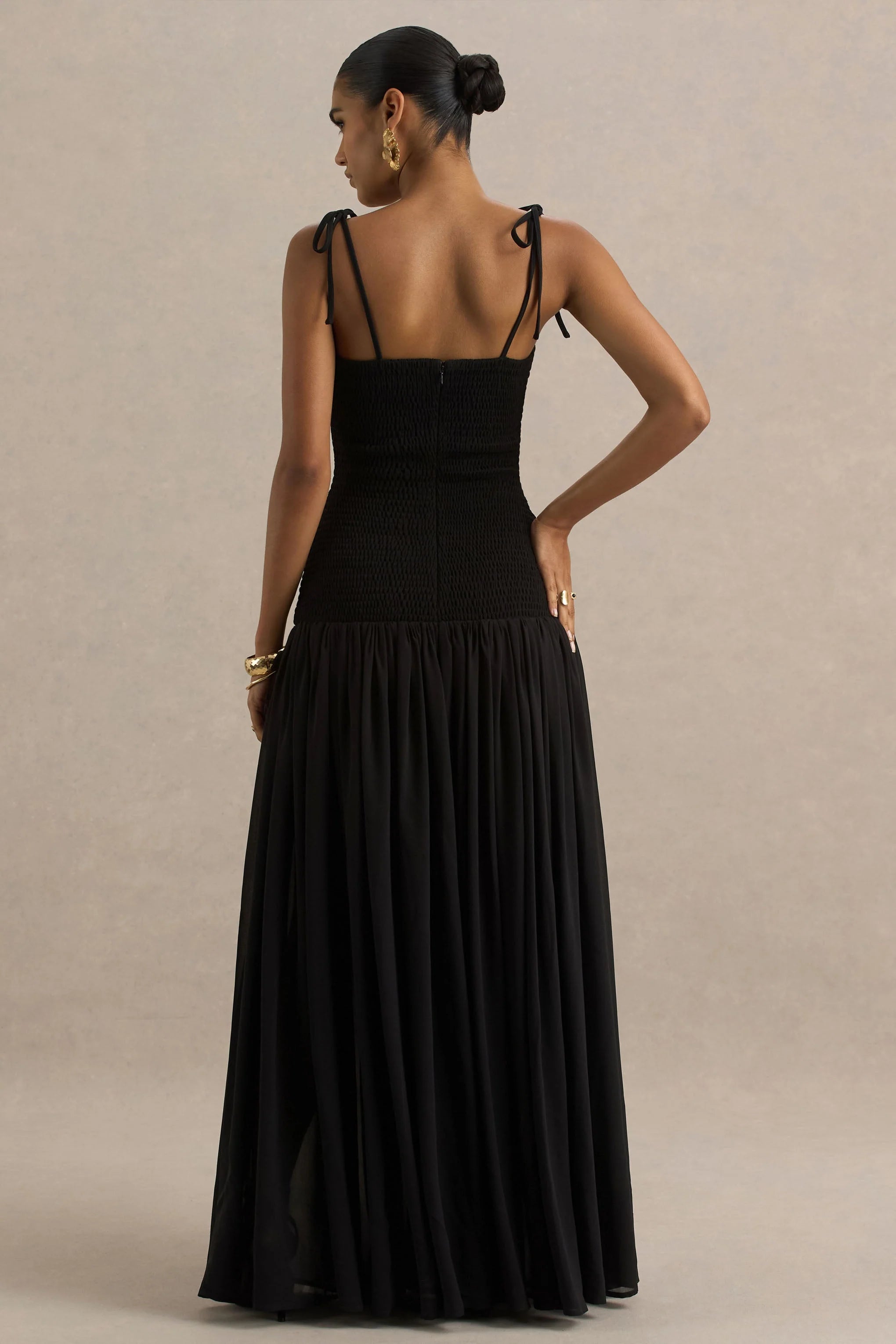 Maeva Black Square Neck Fishtail Maxi Dress With Ruched Detailing