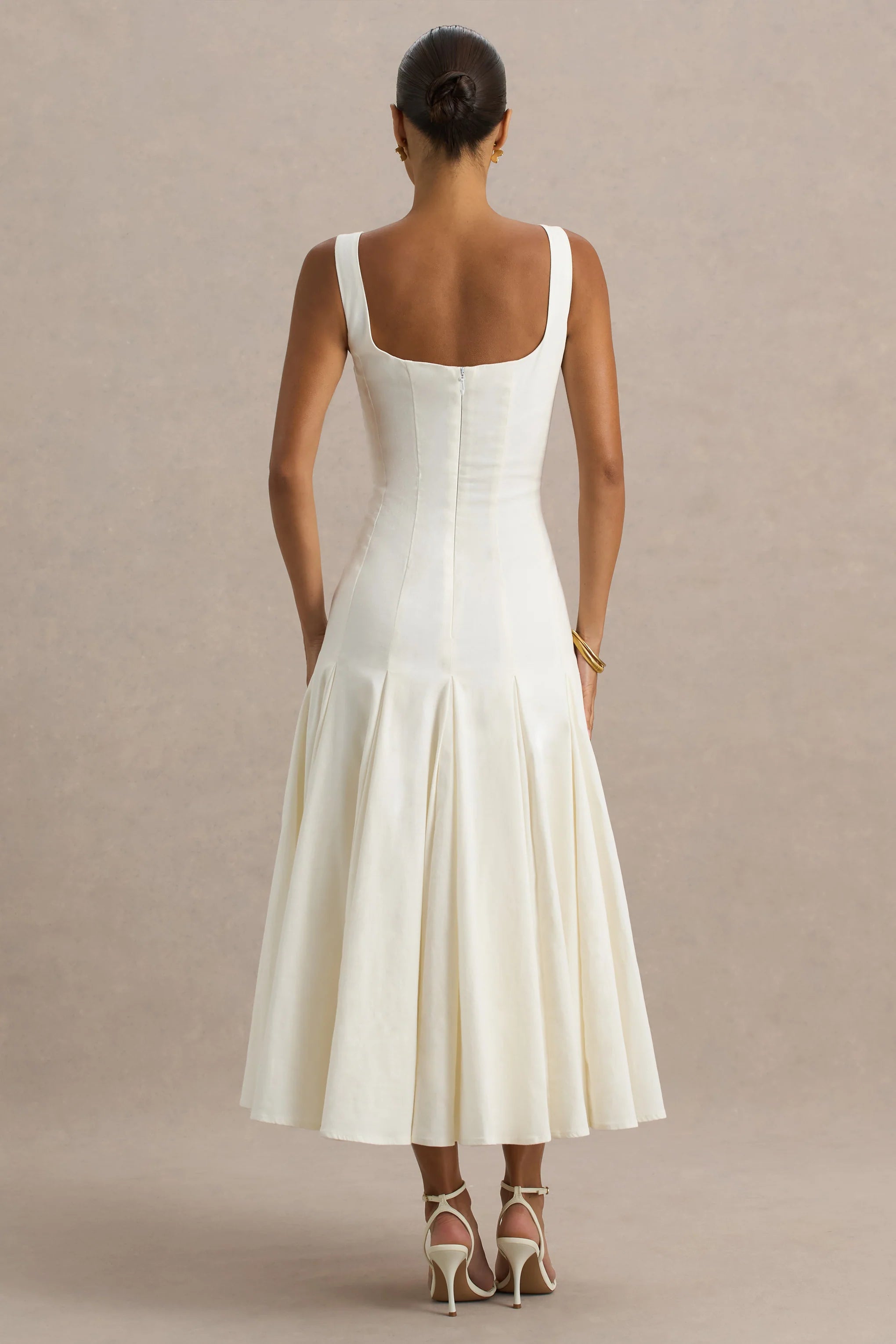 Magnolia White Scoop Neck Midi Dress With Drop Waist And Ruffling Detail