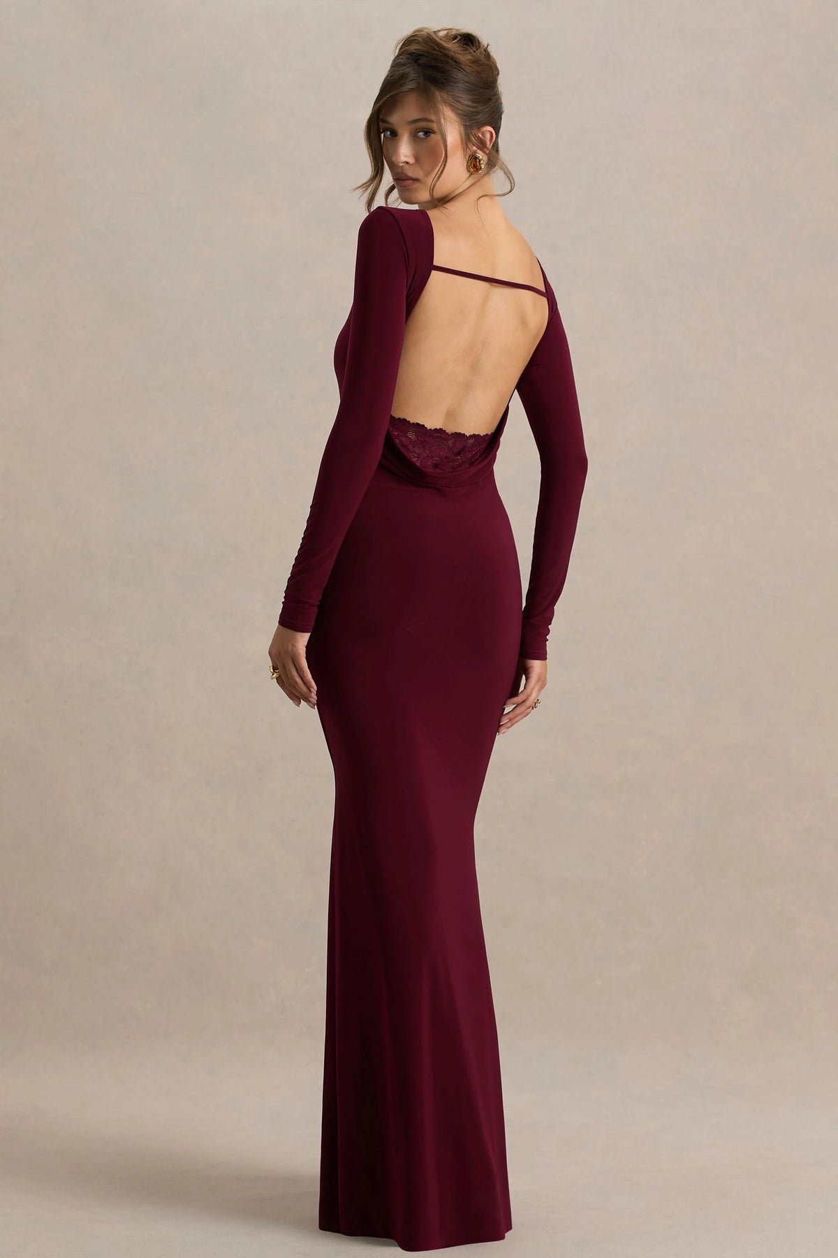 Estelle Burgundy Boat Neck Maxi Dress With Open Back And Lace Detail